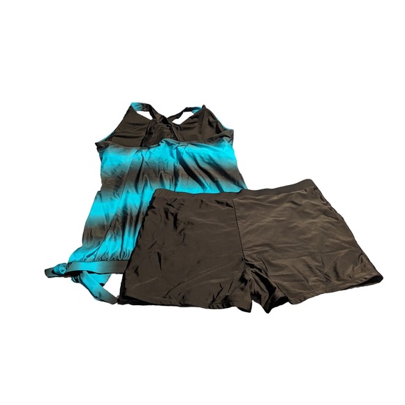 SMUDGE Life 2X Plus Striped Print Blouson Tankini Criss Cross Blue Black Shorts - Picture 3 of 8